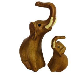 2 Elephant Figurines Wood Look Made Hong Kong Jewel Eyes Trunks Up Kitsch Decor